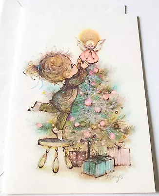 Vtg Christmas Card Mary Hamilton Cute Girl Putting Angel On Christmas Tree • $3.50