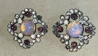 STUNNING Vintage Fire Opal Cabochon & Purple Clear Rhinestones Pierced Earrings • $10