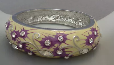 Jacqueline Kennedy Hinged Bangle Bracelet Cream Purple Enamel Crystal JBK • £47.50