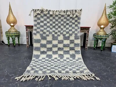 Moroccan Handmade Beni Ourain Rug 3'1 X4'7  Berber Checkered  White Gray Rug • $300