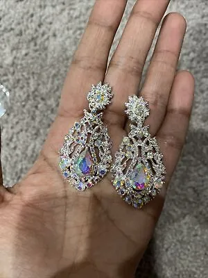 2.4” Long Silver Clear Aurora Borealis AB Chandelier Crystal Pageant Earrings • $15.50