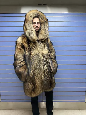 Luxury Full Skin Finn Raccoon Fur Men Coat Real Raccoon Fur Skin To Skin Hood • $2600