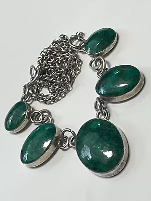 Vintage Sterling Silver '925' And Malachite Stone Panel Chain Necklace 11.31g • £29.99
