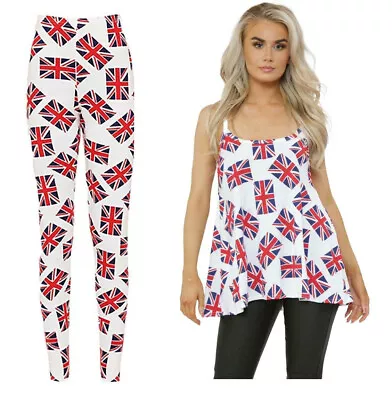 Womens Union Jack Uk Flag Printed Cami Vest Shorts Uk Flag Print Leggings Top • £6.42