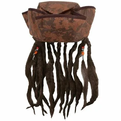 PIRATE HAT W/ HAIR & BEADS Captain Jack Sparrow Pirates Fancy Dress Deluxe • £7.95