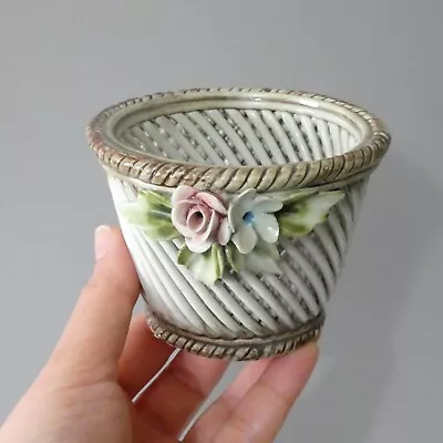 Vintage Capodimonte Bud Vase & Plant Pot Visconti Mollica Basket Applied Flowers • £11.99