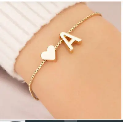 Personalized Dainty Heart And Initial Letter Gold Colour Bracelet • £1.49