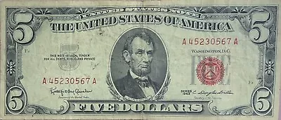 1963 $5 Dollar Bill Red Seal United States Note A45230567A Paper Currency • $19.99