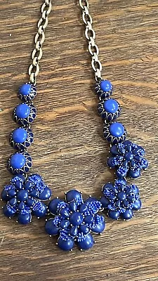 J.Crew Floral Flower Statement Necklace Blue Beaded Brass 20” Adjustable • $37.50