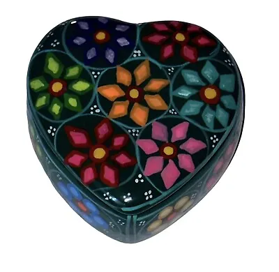 Handmade Folk Art Pottery Mexican Red Ware Trinket Stash Box Heart Colorful 3.5” • $13.88