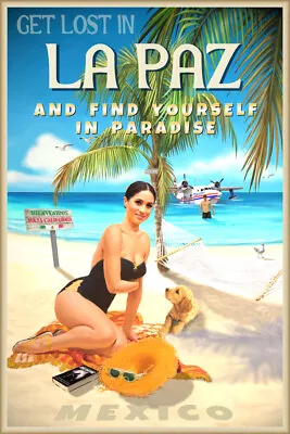 La Paz Mexico Travel Poster Baja California Sur Beach PinUp Art Print 353 • $31.50