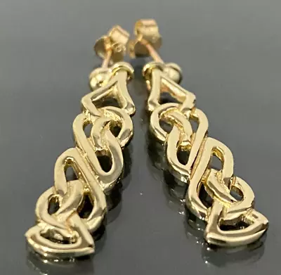 9K Solid Yellow Gold Celtic Drop Earrings 34mm High • £165.26