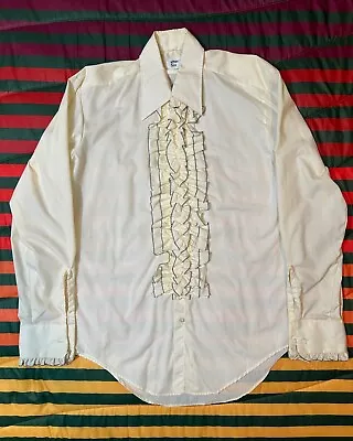 VINTAGE 70s After Six Ruffled Tuxedo Shirt Mens 15.5 34 L/XL Ivory W/ Blue 80s • $64.99