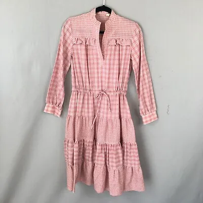 Vintage Prairie Dress Womens Juniors 5 Pink White Plaid Layered Farmhouse Boho • $38.78