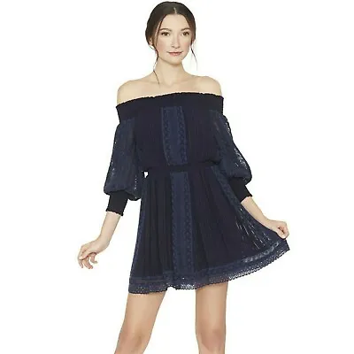 268513 Alice + Olivia Pammy Mini Dress Pintuck Eyelet Embroidered Navy XS New • $19.96