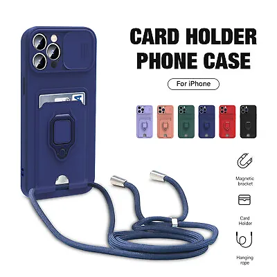 $9.79 • Buy Ring Stand Case For IPhone 15 14 With Card Holder Crossbody Strap Lanyard Cover