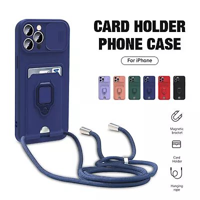 Ring Stand Case For IPhone 15 14 With Card Holder Crossbody Strap Lanyard Cover • $9.79