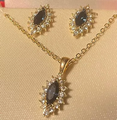 Vintage Roman Necklace Earrings Set Gold Tone Blue Rhinestone 18 /NWT • $19.99