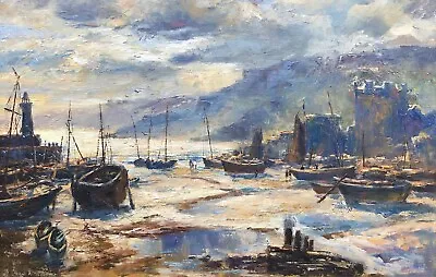 English School Original Contemporary Oil Painting Harbour At Low Tide Seascape • £165