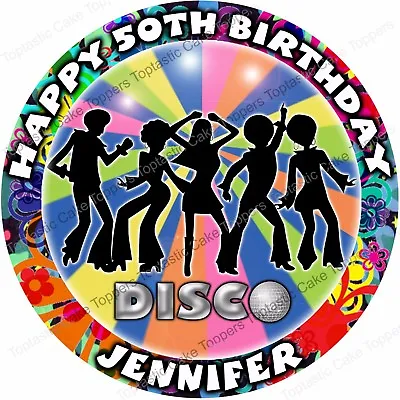 Personalised 70s Disco Round Edible Icing 1970s Birthday Party Cake Topper • £4.65