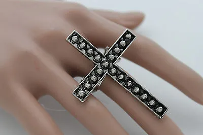 Women Large Antique Silver Fashion Ring Jewelry Cross Studs Spikes Elastic Band • $9.74