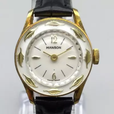 Vintage Manson Watch Women 25mm Swiss Made Gold Tone Leaf Bezel Manual Wind • $35.99