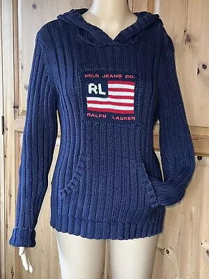 Original Ralph Lauren Polo Jeans Co 100% Navy Cotton Knit Hoodie/Jumper Sz L VGC • £34.99