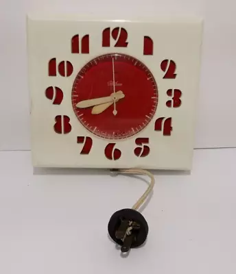 Vintage Retro Square Red Telechron 2H27 Cut Out Numbers Wall Clock Untested • $39.95