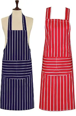 Bib Apron Red Or Blue With White Stripe Chef's Cotton Washable Cooking Baking • £5.99