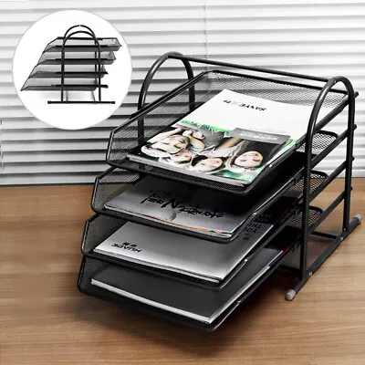 4 Tier Office Filing Trays Holder A4 Document Letter Paper Wire Mesh Storage • £11.19