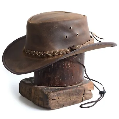 Men's Real Leather Australian Western Style Cowboy Tan Crazy Hat Brown Antique • £24.95