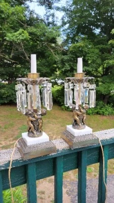 $125 • Buy Vintage Pair Of Hollywood Regency Bronze Cherub Table Lamp With Prisms 
