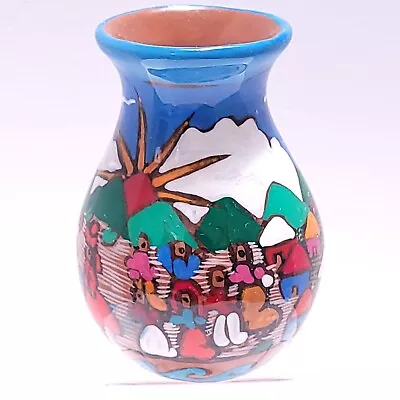 Talavera Pottery Mexico Vase Village Life People Large Sun Sky Clouds Waves 5 In • $14.99