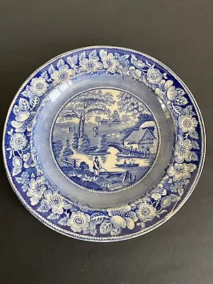 £10 • Buy Antique Sampson Bridgwood Plate Blue And White Country Scene Floral Border