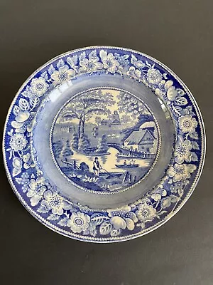 Sampson Bridgwood Plate Blue And White Country Scene Floral Border • £10