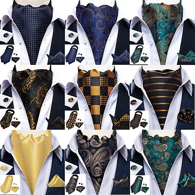 USA Men's Silk Ascot Cravat Tie Paisley Floral Check Hanky Cufflinks Set Wedding • $9.99