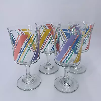 Vintage 80s Pastel Colored Splash Twist Ribbon Goblet Drinking Stemmed Glasses • $30