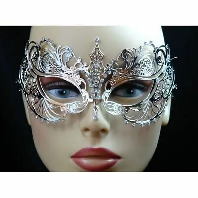 Laser Cut Metal Silver Masquerade Mask With Sparkling Clear Crystals • $15.70