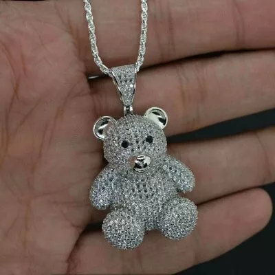 3.00Ct Round Cut Real Moissanite Mini Teddy Bear Pendant 14K White Gold Plated • $178.19