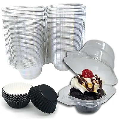 50 Cupcake Containers Individual Cupcake Holder 50 Black Metallic Cupcake Liners • $17.97