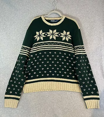 Vintage Polo Ralph Lauren Snowflake Hand Knit Lambswool Sweater Size XXL Green • $128