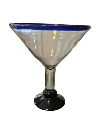 Mexican Margarita Glass Jumbo Blown Martini  Cobalt Blue Rim 8  Large Mexico  • $19.77