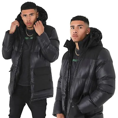 Mens Padded Jacket Fur Hood Men Black Long Sleeve Warm Winter Jackets For Men's • £35.11