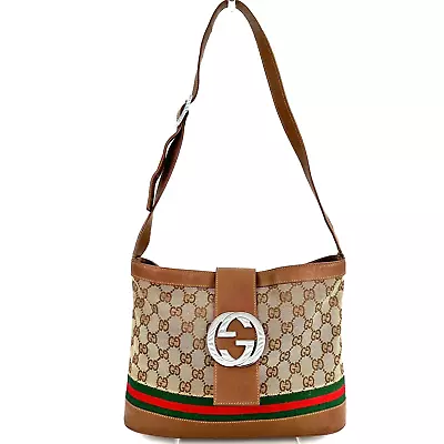 GUCCI Shoulder Bag Sherry Line Interlocking Brown Canvas Leather Authentic • £281.29