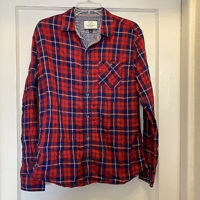 Flag And Anthem Flannel Mens Medium Red Blue Plaid Long Sleeve Collared • $12.98