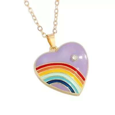 Heart Rainbow Pendant Lavender Enamel With Crystal Accent On Gold Tone Chain Nec • $14