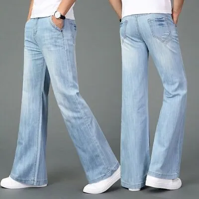 Retro Mens Bell Bottom Denim Pants Slim Fit Jeans Flared Straight-Legs Trousers • $31.98