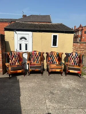 Leather Chesterfield Harlequin Queen Anne High Back Wing Back Chairs CAN DELIVER • £599