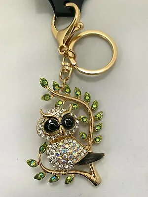 GORGEOUS OWL Keyring Diamante Rhinestone Handbag Charm Bling On Branch NEW Gift • £4.20