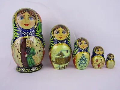 Matryoshka Nesting Dolls 5  5 Pc. Winter Cabin Green Hand Made Set Russian 1024 • $52.82